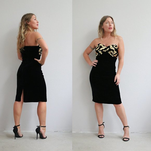 1980's Velvet Bustier Cocktail Dress /// Women's Size Larger Small to Medium - Picture 2 of 7